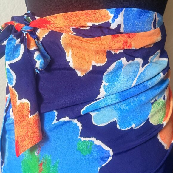LRL Ralph Lauren Faux Wrap Floral Fringed Skirt (Blue, Orange & Red) - Picture 4 of 6